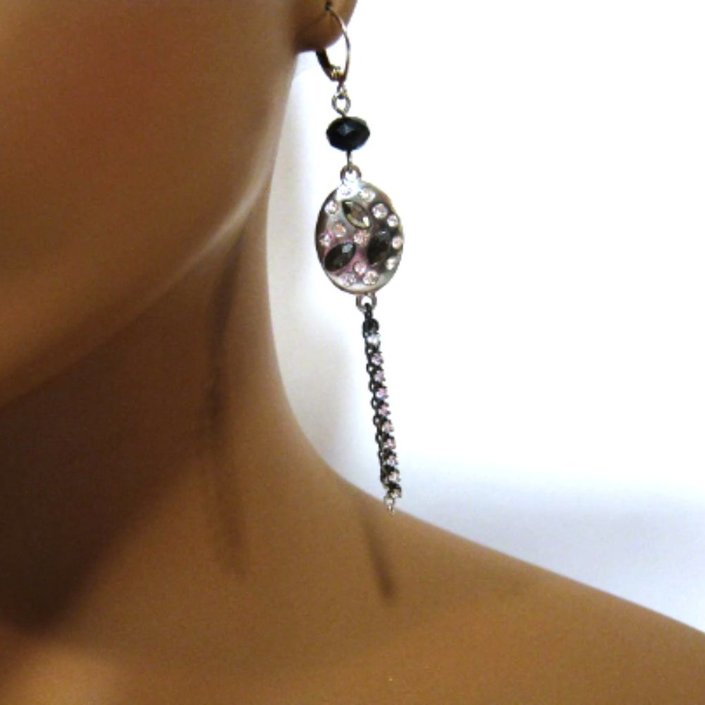 Silver Black Vintage Rhinestone Crystal Long Chain Drop Dangle Earrings 3 inch - Picture 6 of 7